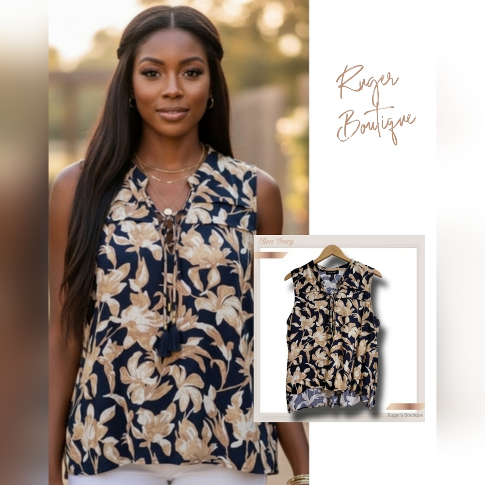 🌿Ellen Tracy Women's Medium Linen Blend Black Tan Floral Sleeveless Top
